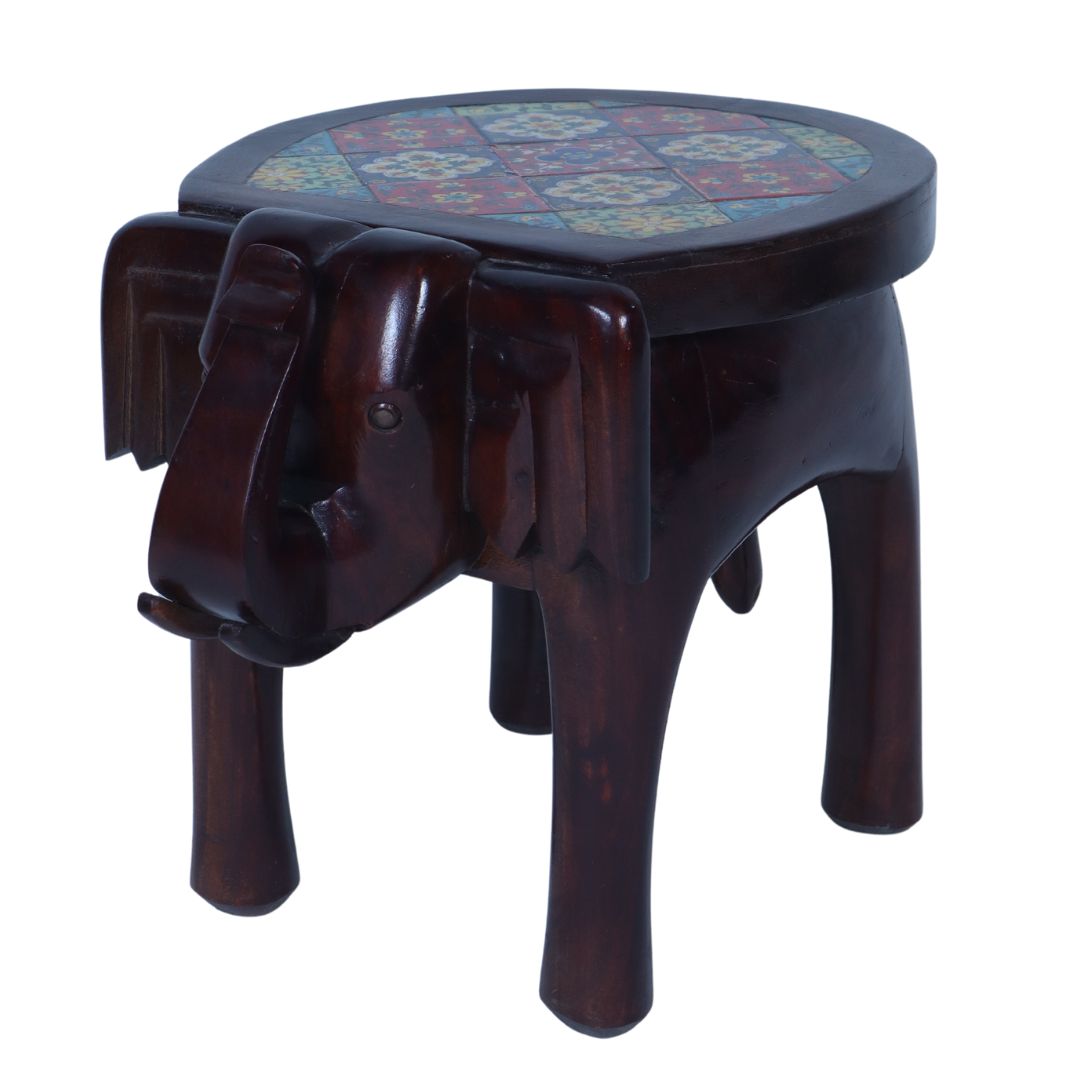 WOODEN TILE FIITED ELEPHANT STOLL SMALL