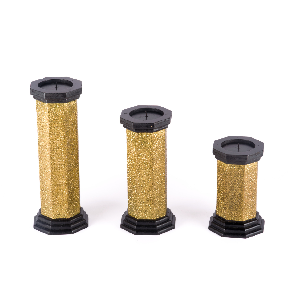 WOOD BRASS FITTED HEXAGANAL CANDLE STAND MEDIUM