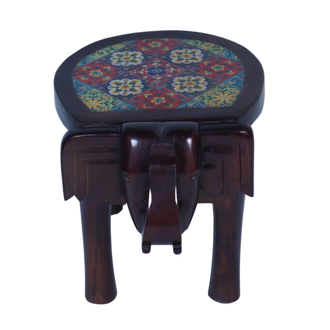 WOODEN TILE FIITED ELEPHANT STOLL SMALL