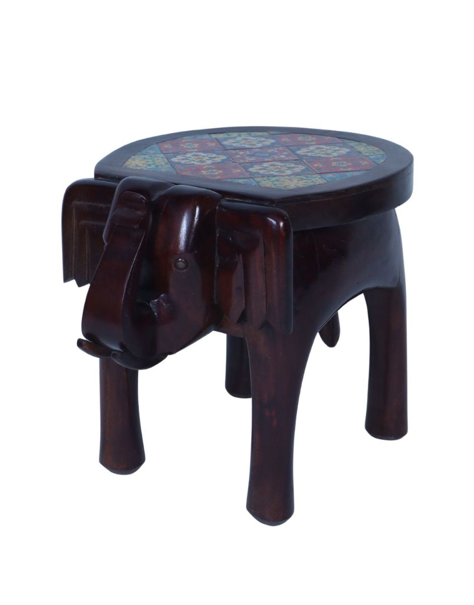 WOODEN TILE FIITED ELEPHANT STOLL SMALL