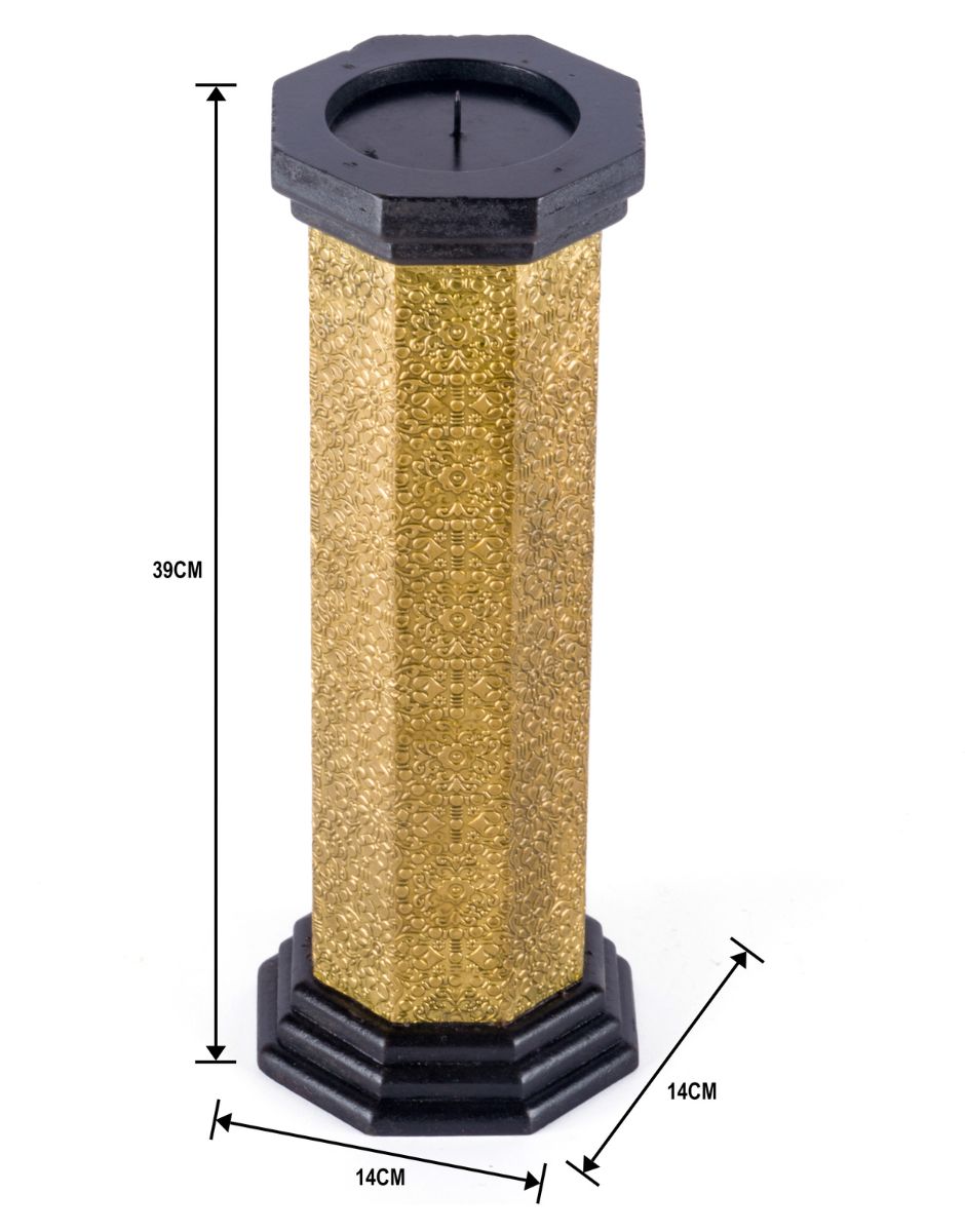 WOOD BRASS FITTED HEXAGANAL CANDLE STAND LARGE