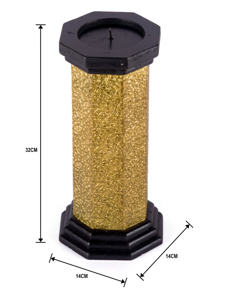 WOOD BRASS FITTED HEXAGANAL CANDLE STAND MEDIUM